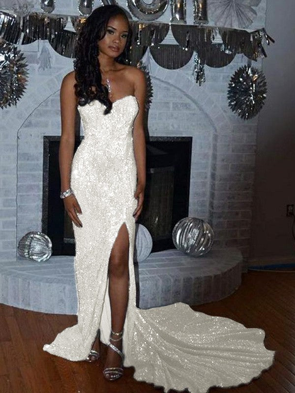 Sheath/Column Sequins Sleeveless Court Train Off-the-Shoulder Prom Dress
