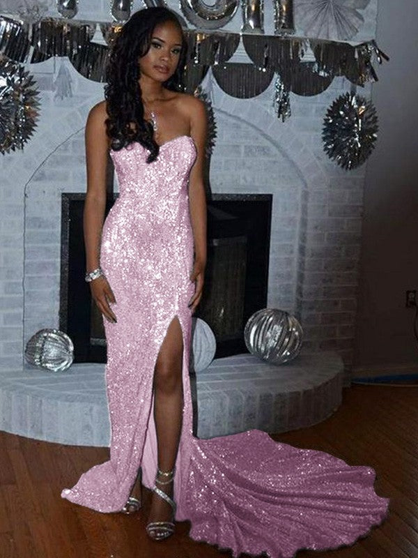 Sheath/Column Sequins Sleeveless Court Train Off-the-Shoulder Prom Dress