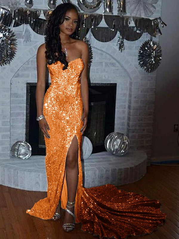 Sheath/Column Sequins Sleeveless Court Train Off-the-Shoulder Prom Dress