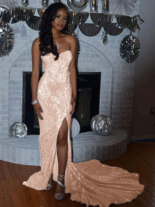 Sheath/Column Sequins Sleeveless Court Train Off-the-Shoulder Prom Dress