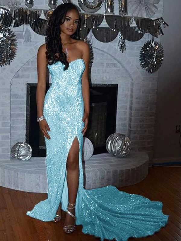 Sheath/Column Sequins Sleeveless Court Train Off-the-Shoulder Prom Dress