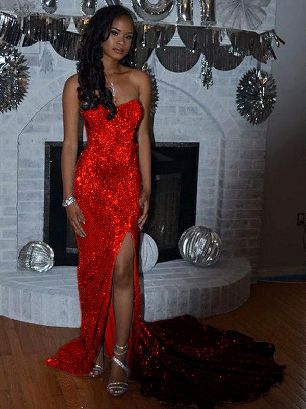 Sheath/Column Sequins Sleeveless Court Train Off-the-Shoulder Prom Dress