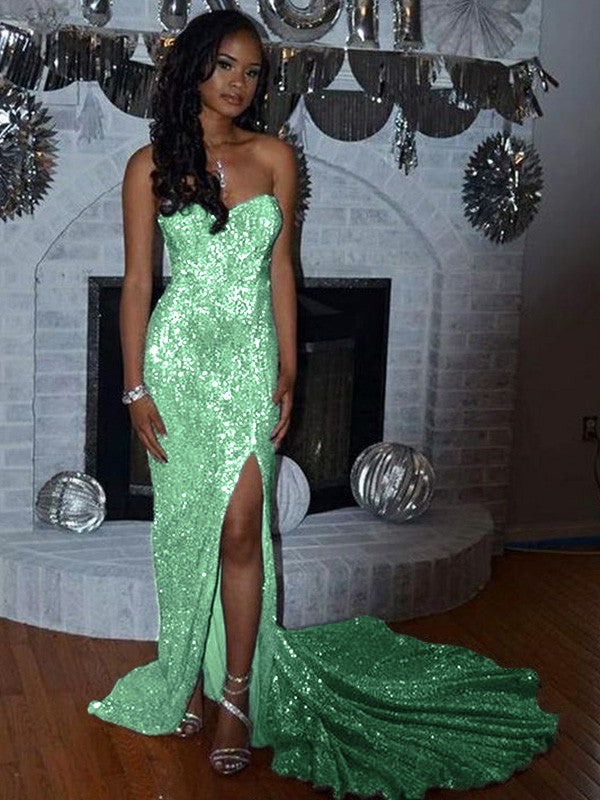 Sheath/Column Sequins Sleeveless Court Train Off-the-Shoulder Prom Dress