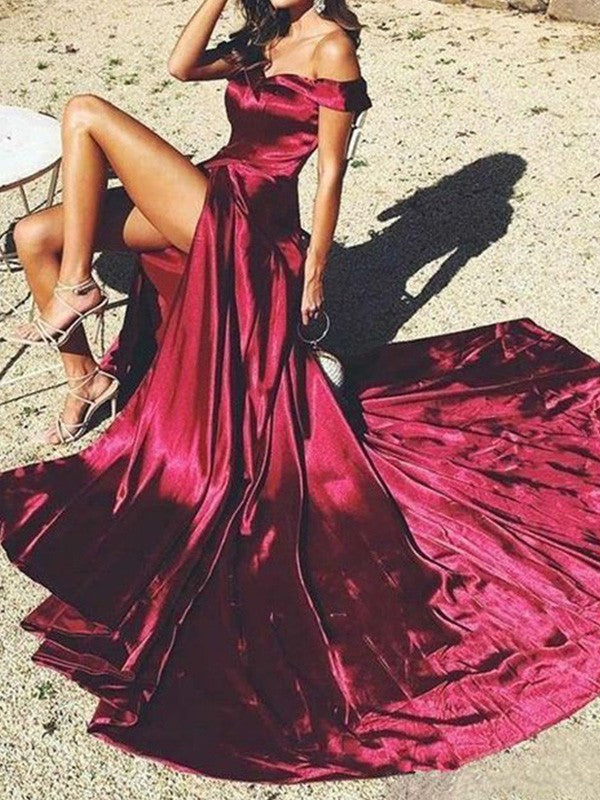 A-Line/Princess Off-the-Shoulder Ruffles Court Train Sleeveless Prom Dress