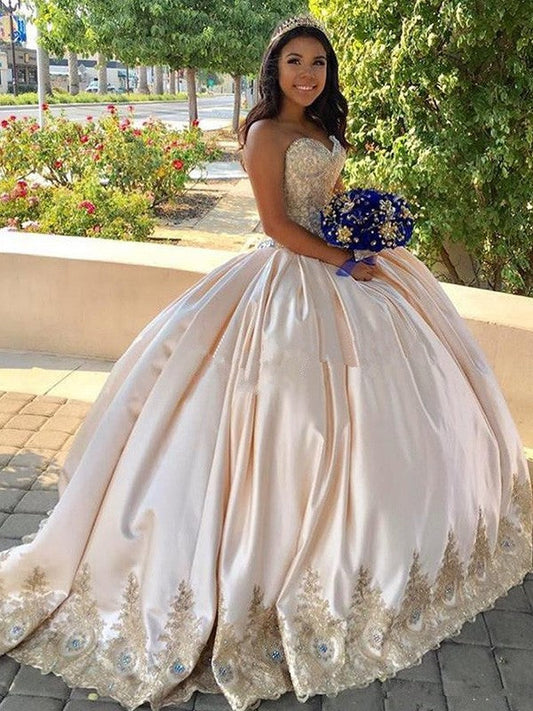 Ball Gown Beading Sweetheart Sweep/Brush Train Satin Sleeveless Prom Dress