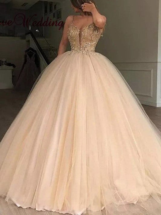 Ball Gown V-neck Tulle Sleeveless Beading Floor-Length Prom Dress