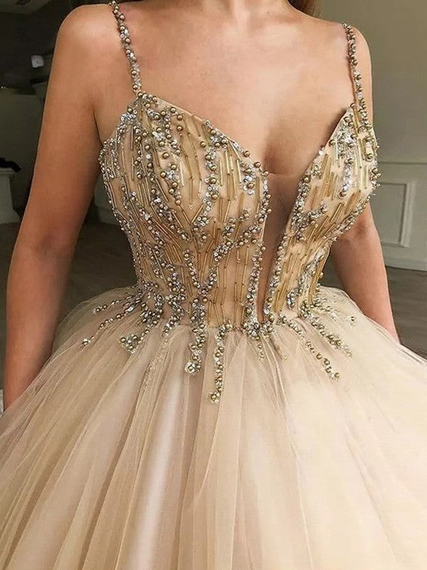 Ball Gown V-neck Tulle Sleeveless Beading Floor-Length Prom Dress