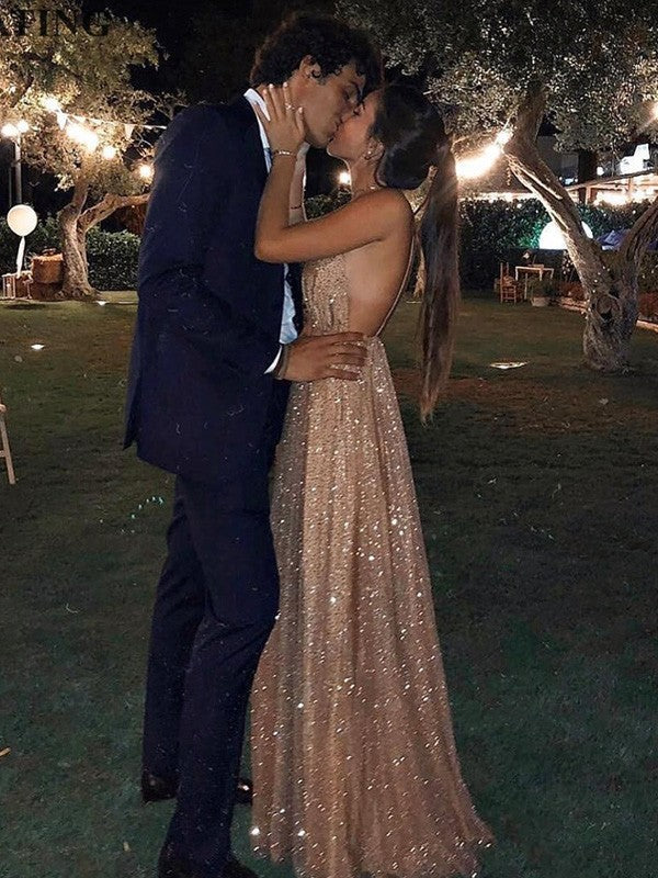 A-Line/Princess Paillette Tulle V-neck Floor-Length Sleeveless Prom Dress