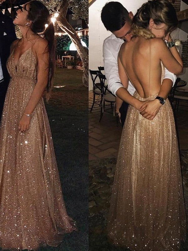 A-Line/Princess Paillette Tulle V-neck Floor-Length Sleeveless Prom Dress