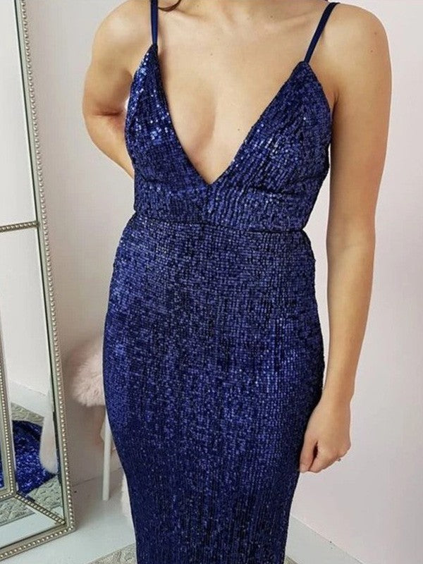Trumpet/Mermaid V-neck Sweep/Brush Train Ruffles Sleeveless Sequins Prom Dress