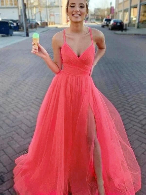 A-Line/Princess Sleeveless Tulle V-neck Ruched Sweep/Brush Train Prom Dress
