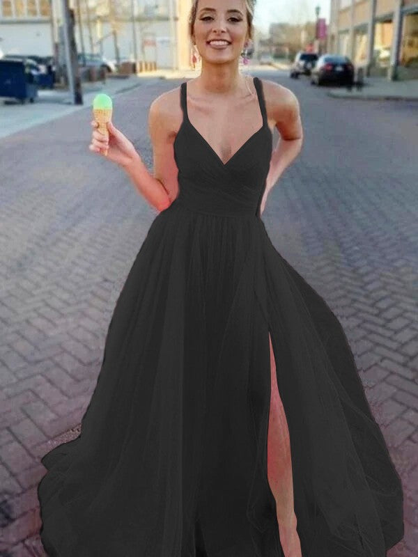 A-Line/Princess Sleeveless Tulle V-neck Ruched Sweep/Brush Train Prom Dress