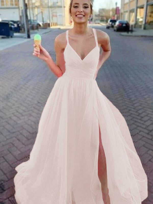 A-Line/Princess Sleeveless Tulle V-neck Ruched Sweep/Brush Train Prom Dress