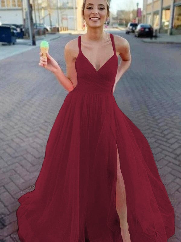 A-Line/Princess Sleeveless Tulle V-neck Ruched Sweep/Brush Train Prom Dress