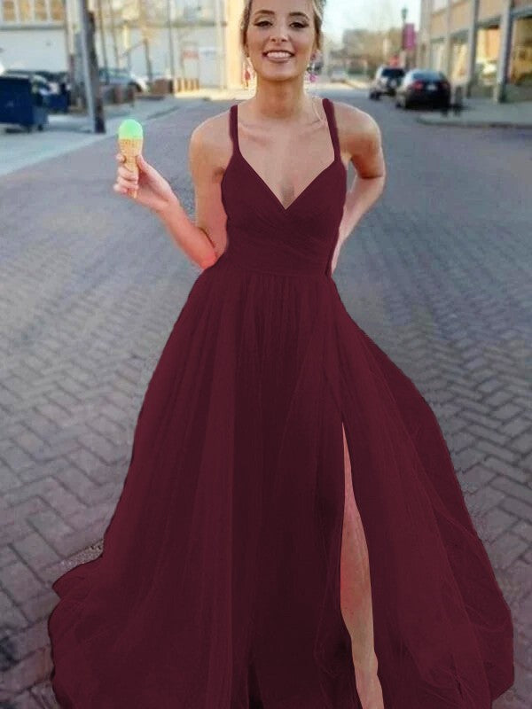 A-Line/Princess Sleeveless Tulle V-neck Ruched Sweep/Brush Train Prom Dress