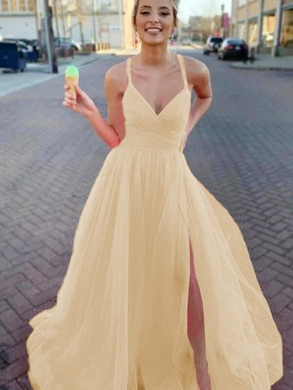 A-Line/Princess Sleeveless Tulle V-neck Ruched Sweep/Brush Train Prom Dress