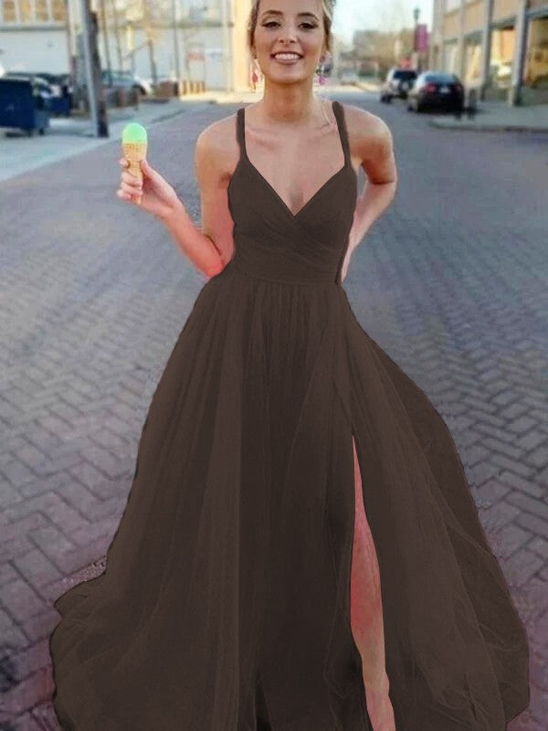 A-Line/Princess Sleeveless Tulle V-neck Ruched Sweep/Brush Train Prom Dress