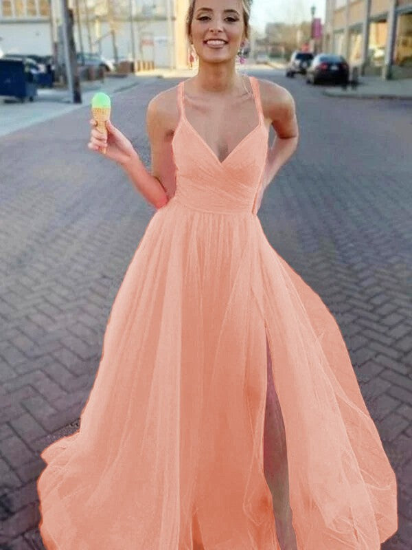 A-Line/Princess Sleeveless Tulle V-neck Ruched Sweep/Brush Train Prom Dress