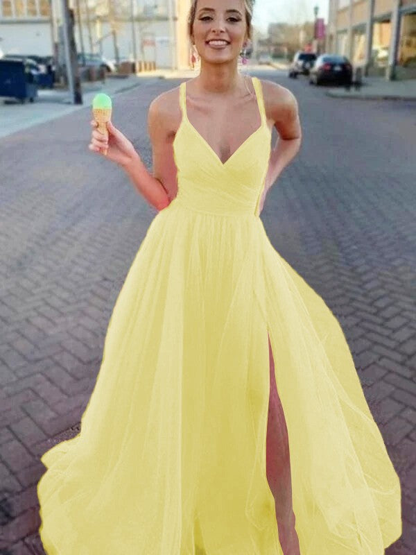 A-Line/Princess Sleeveless Tulle V-neck Ruched Sweep/Brush Train Prom Dress