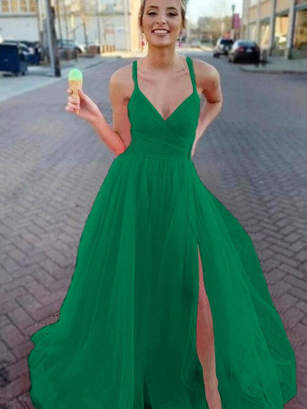 A-Line/Princess Sleeveless Tulle V-neck Ruched Sweep/Brush Train Prom Dress