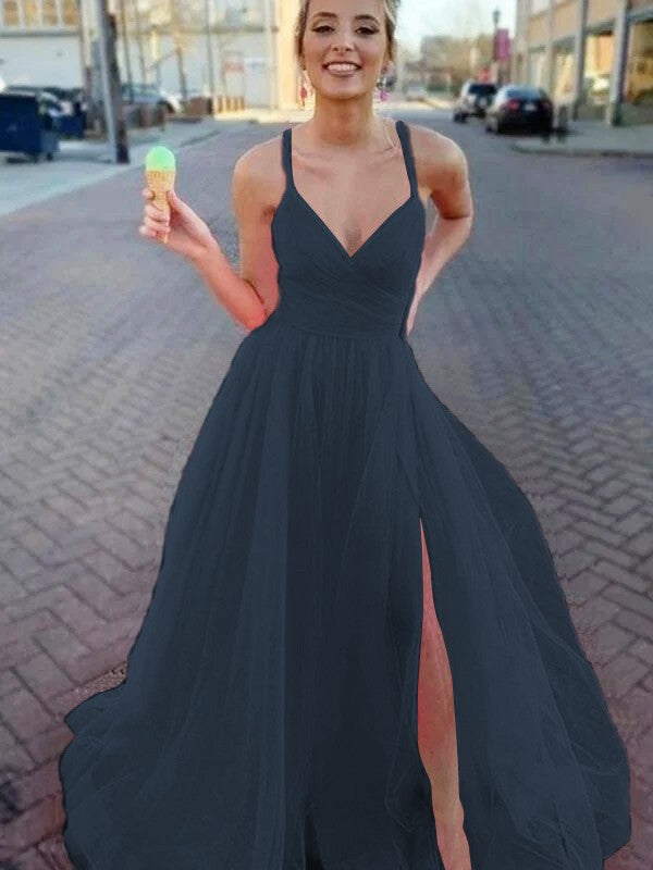 A-Line/Princess Sleeveless Tulle V-neck Ruched Sweep/Brush Train Prom Dress