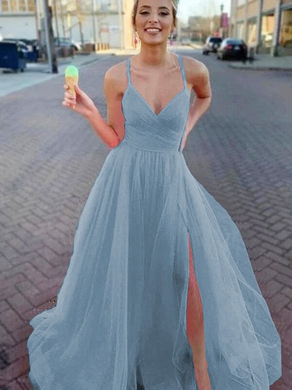 A-Line/Princess Sleeveless Tulle V-neck Ruched Sweep/Brush Train Prom Dress