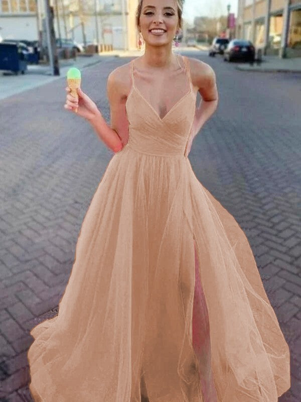 A-Line/Princess Sleeveless Tulle V-neck Ruched Sweep/Brush Train Prom Dress
