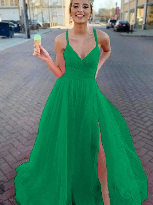 A-Line/Princess Sleeveless Tulle V-neck Ruched Sweep/Brush Train Prom Dress