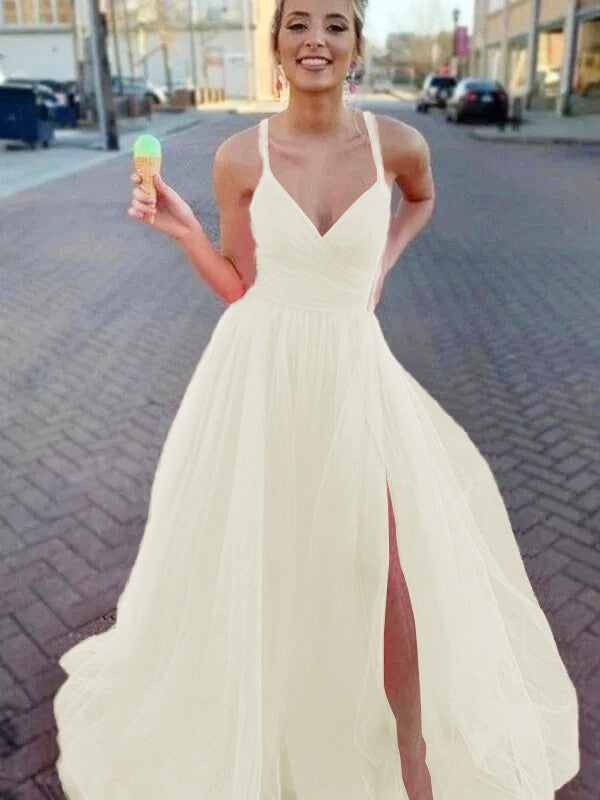 A-Line/Princess Sleeveless Tulle V-neck Ruched Sweep/Brush Train Prom Dress