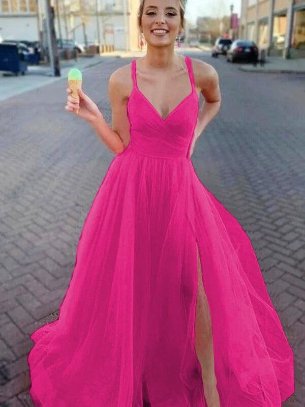 A-Line/Princess Sleeveless Tulle V-neck Ruched Sweep/Brush Train Prom Dress