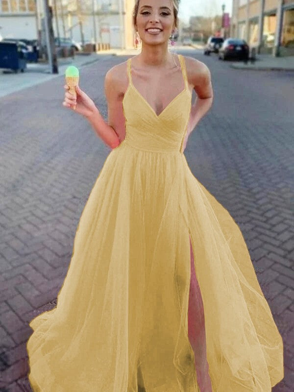 A-Line/Princess Sleeveless Tulle V-neck Ruched Sweep/Brush Train Prom Dress