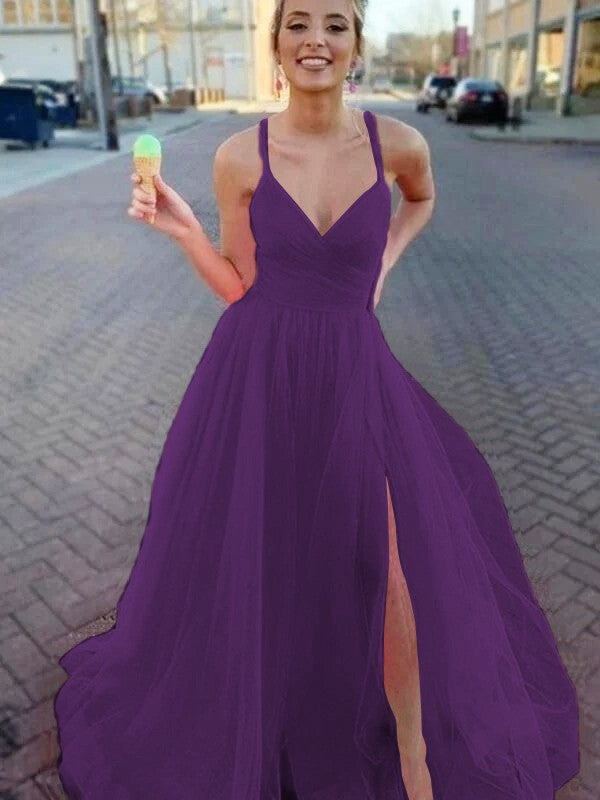 A-Line/Princess Sleeveless Tulle V-neck Ruched Sweep/Brush Train Prom Dress