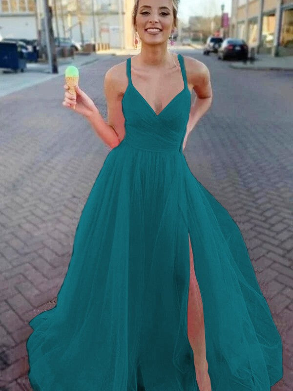 A-Line/Princess Sleeveless Tulle V-neck Ruched Sweep/Brush Train Prom Dress