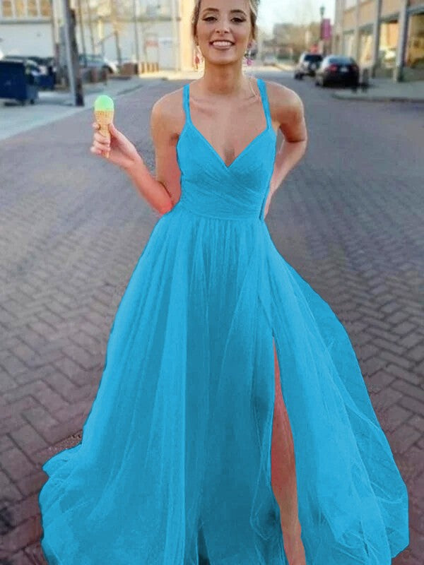 A-Line/Princess Sleeveless Tulle V-neck Ruched Sweep/Brush Train Prom Dress
