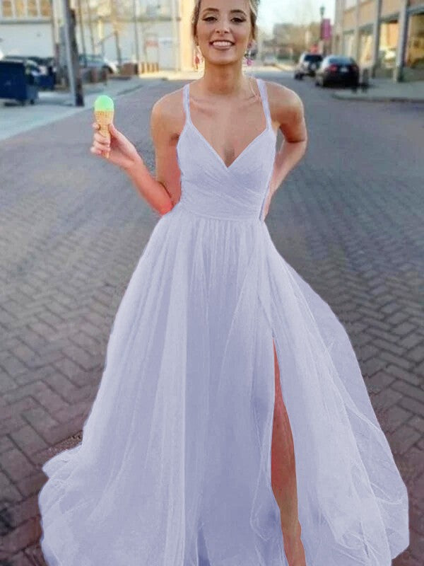A-Line/Princess Sleeveless Tulle V-neck Ruched Sweep/Brush Train Prom Dress