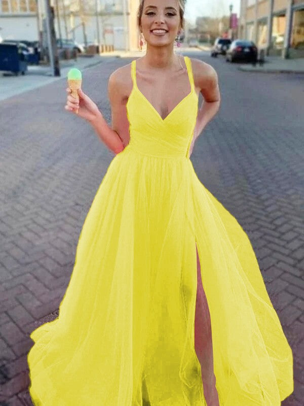 A-Line/Princess Sleeveless Tulle V-neck Ruched Sweep/Brush Train Prom Dress