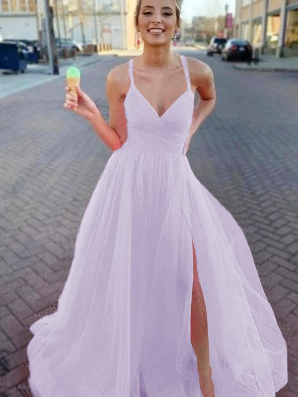 A-Line/Princess Sleeveless Tulle V-neck Ruched Sweep/Brush Train Prom Dress