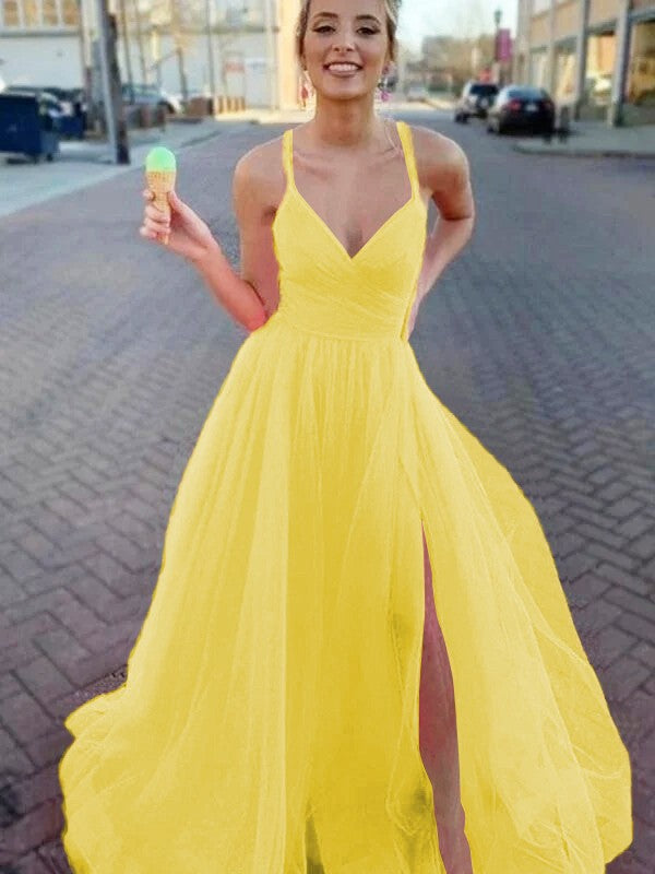 A-Line/Princess Sleeveless Tulle V-neck Ruched Sweep/Brush Train Prom Dress