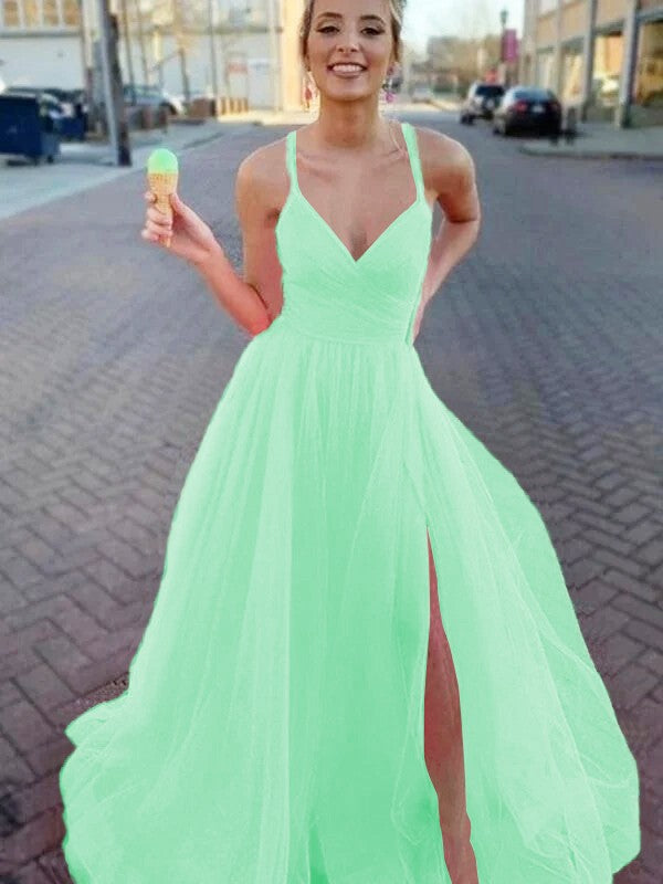 A-Line/Princess Sleeveless Tulle V-neck Ruched Sweep/Brush Train Prom Dress