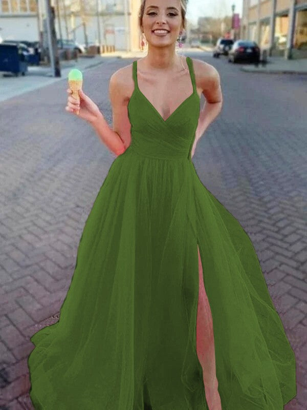 A-Line/Princess Sleeveless Tulle V-neck Ruched Sweep/Brush Train Prom Dress