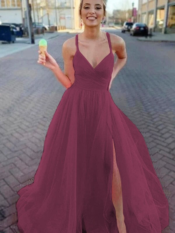 A-Line/Princess Sleeveless Tulle V-neck Ruched Sweep/Brush Train Prom Dress