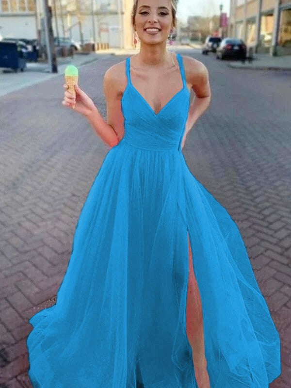 A-Line/Princess Sleeveless Tulle V-neck Ruched Sweep/Brush Train Prom Dress