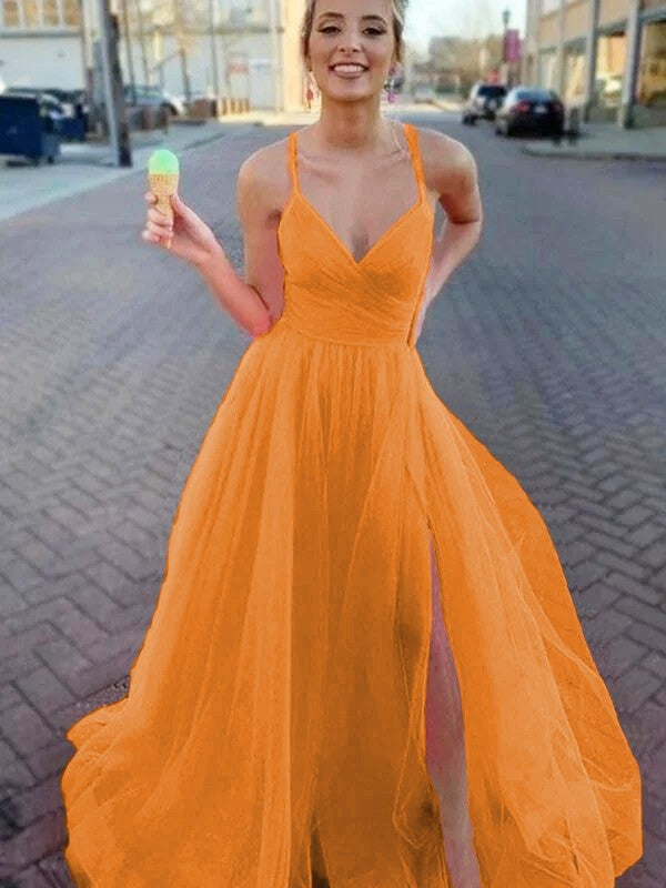 A-Line/Princess Sleeveless Tulle V-neck Ruched Sweep/Brush Train Prom Dress