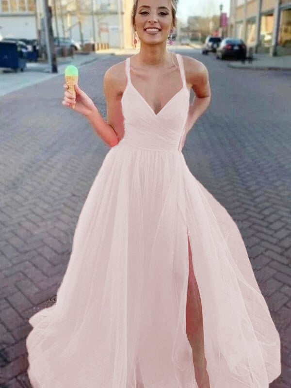 A-Line/Princess Sleeveless Tulle V-neck Ruched Sweep/Brush Train Prom Dress