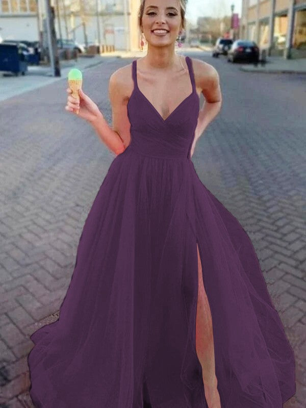 A-Line/Princess Sleeveless Tulle V-neck Ruched Sweep/Brush Train Prom Dress