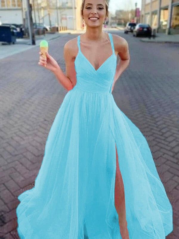 A-Line/Princess Sleeveless Tulle V-neck Ruched Sweep/Brush Train Prom Dress