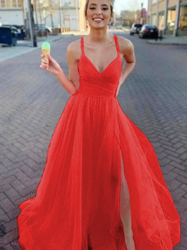 A-Line/Princess Sleeveless Tulle V-neck Ruched Sweep/Brush Train Prom Dress