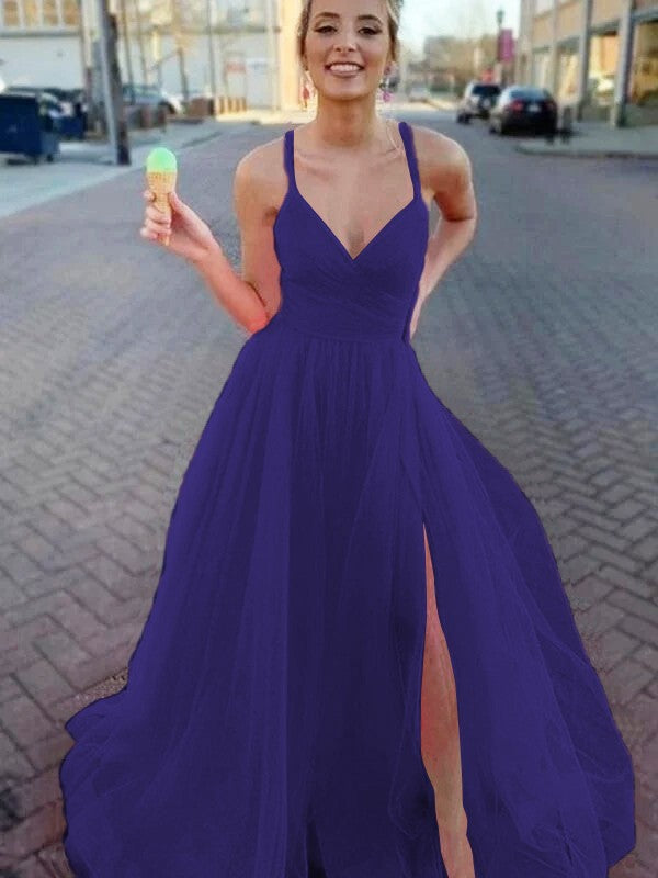 A-Line/Princess Sleeveless Tulle V-neck Ruched Sweep/Brush Train Prom Dress