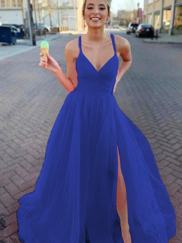 A-Line/Princess Sleeveless Tulle V-neck Ruched Sweep/Brush Train Prom Dress