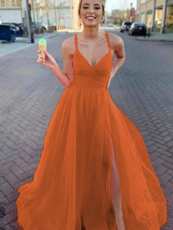 A-Line/Princess Sleeveless Tulle V-neck Ruched Sweep/Brush Train Prom Dress